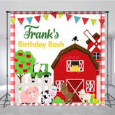 Aperturee - Aperturee Personalized Farm Animals Birthday Bash Backdrop Red Barnyard and Tractor Theme Custom Name Party for Boy